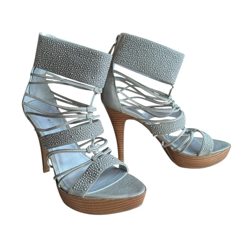 👠 NWOB! Nine West Inquisat Grey Strappy Sexy Platform Heel Women's Size 8
